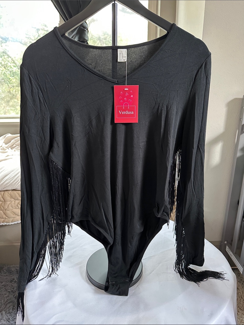 Verdusa Black Fringe Long-Sleeve Bodysuit